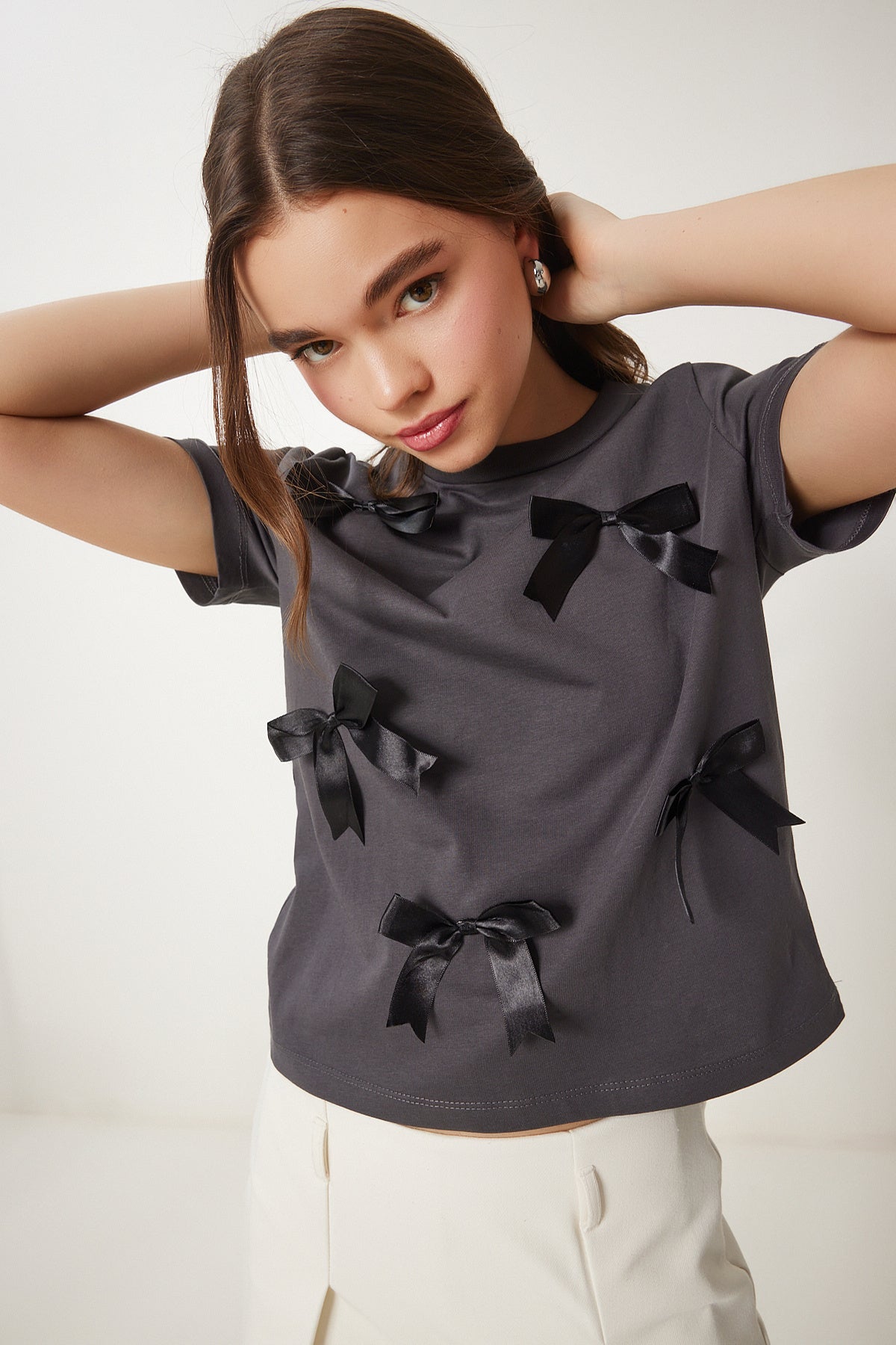 Antrasit Fiyonklu Pamuklu Örme T-Shirt CR00453