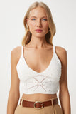 Ekru İnci Detaylı Ajurlu Crop Triko Bluz  FN03366