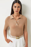 Camel Polo Yaka Hafif Transparan Triko Bluz  FN03211
