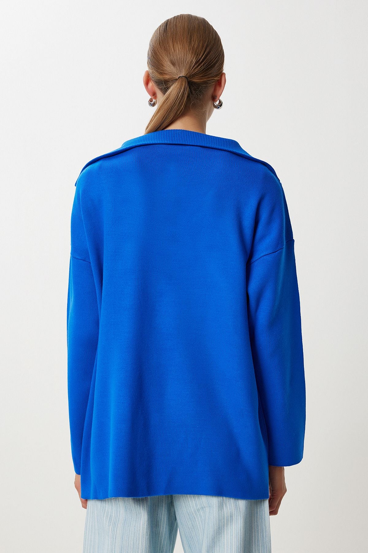 Koyu Mavi Fermuarlı Oversize Triko Kazak YY00263