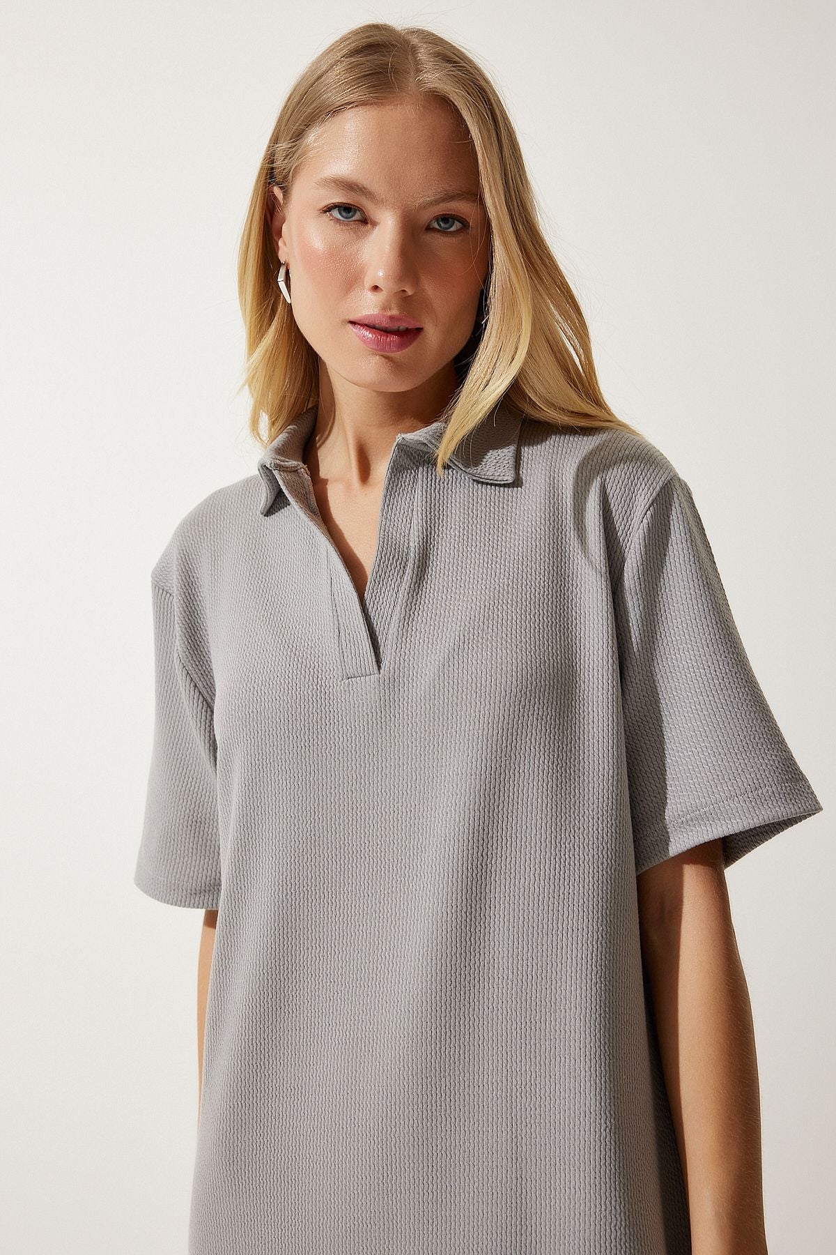 Gri Polo Yaka Örme Fitilli Elbise DZ00110