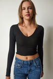 Siyah V Yaka Crop Örme Bluz UB00201