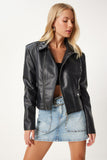 Siyah Suni Deri Crop Biker Ceket  FN03305
