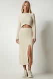 Krem Fitilli Crop Etek Triko Takım PF00020
