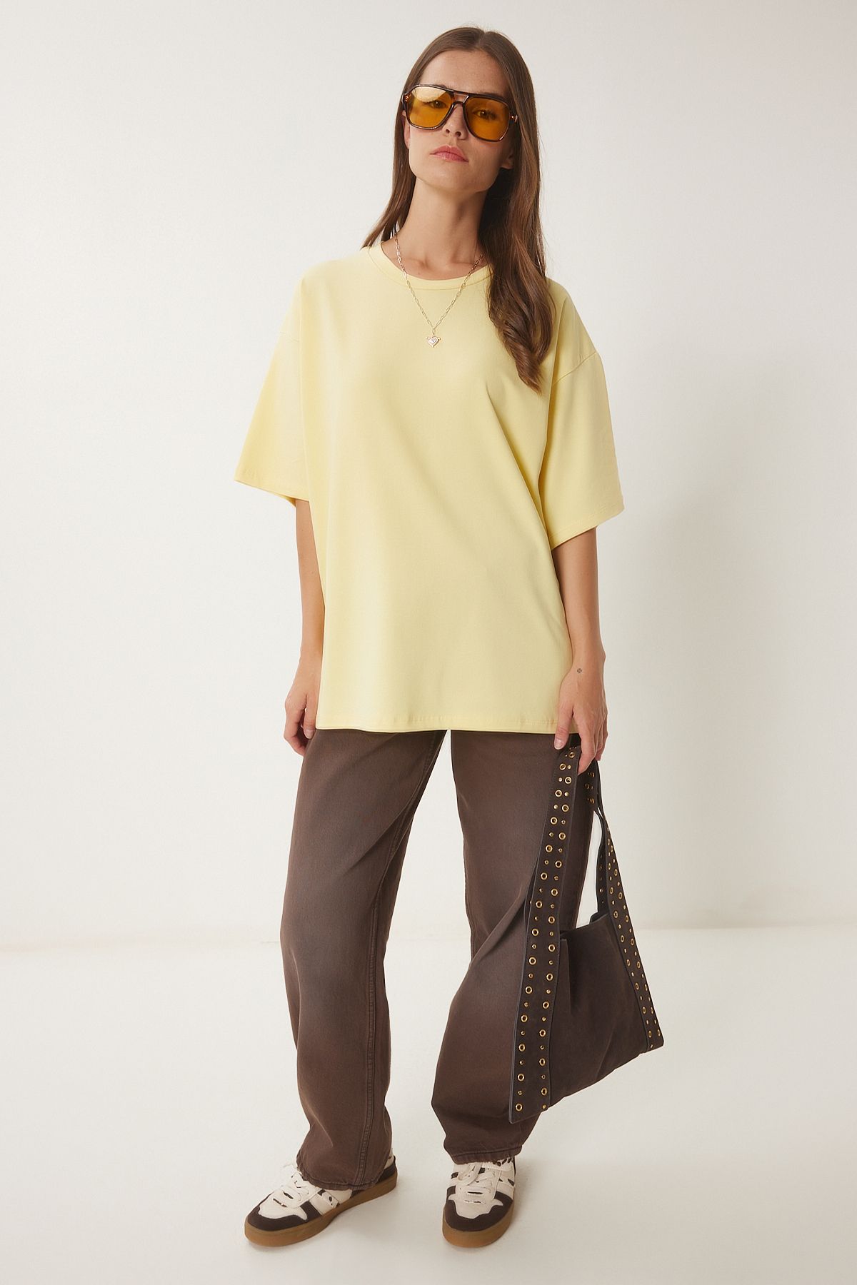 Sarı Basic Oversize Örme T-Shirt HW00007
