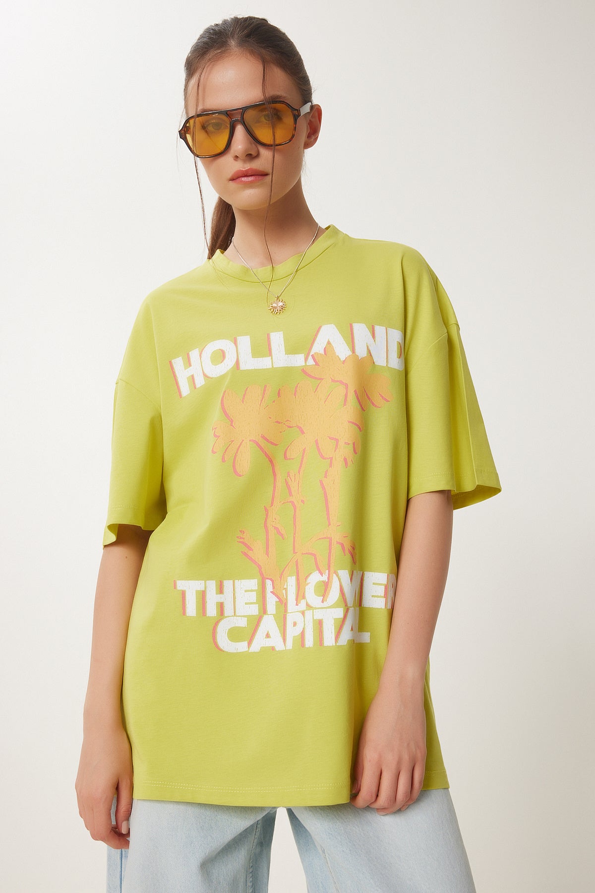 Yağ Yeşili Oversize Baskılı Örme T-Shirt JH00054