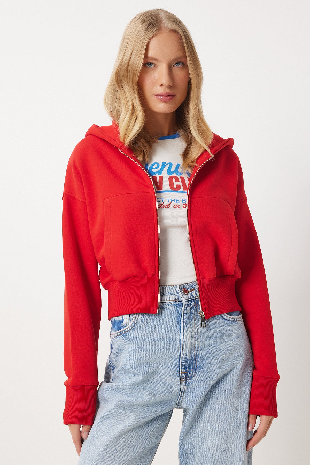 Kırmızı Kapüşonlu Şardonlu Fermuarlı Sweatshirt OW00051