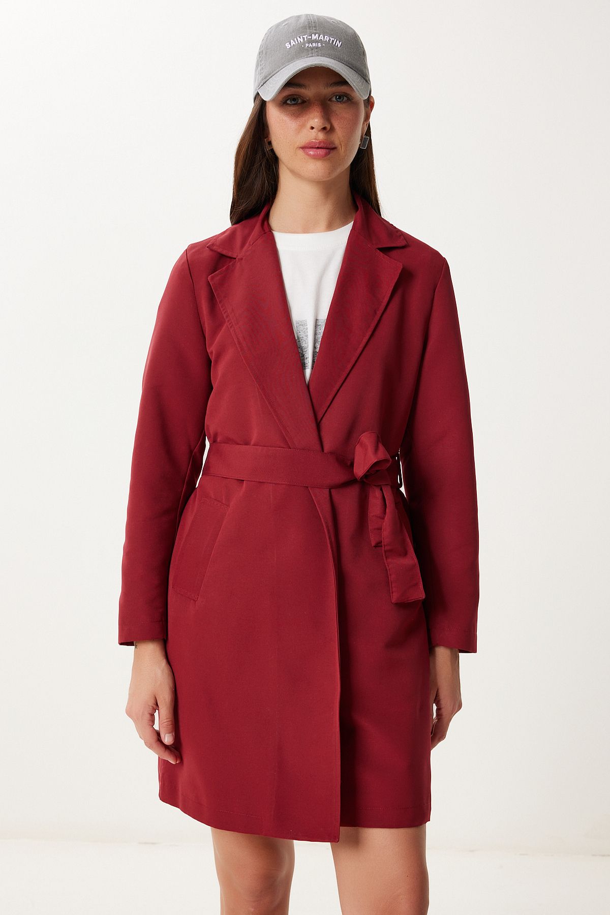 Bordo Kuşaklı Kısa Dokuma Trençkot GP00027
