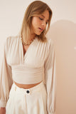 Krem Derin V Yaka Crop Sandy Örme Bluz BF00050