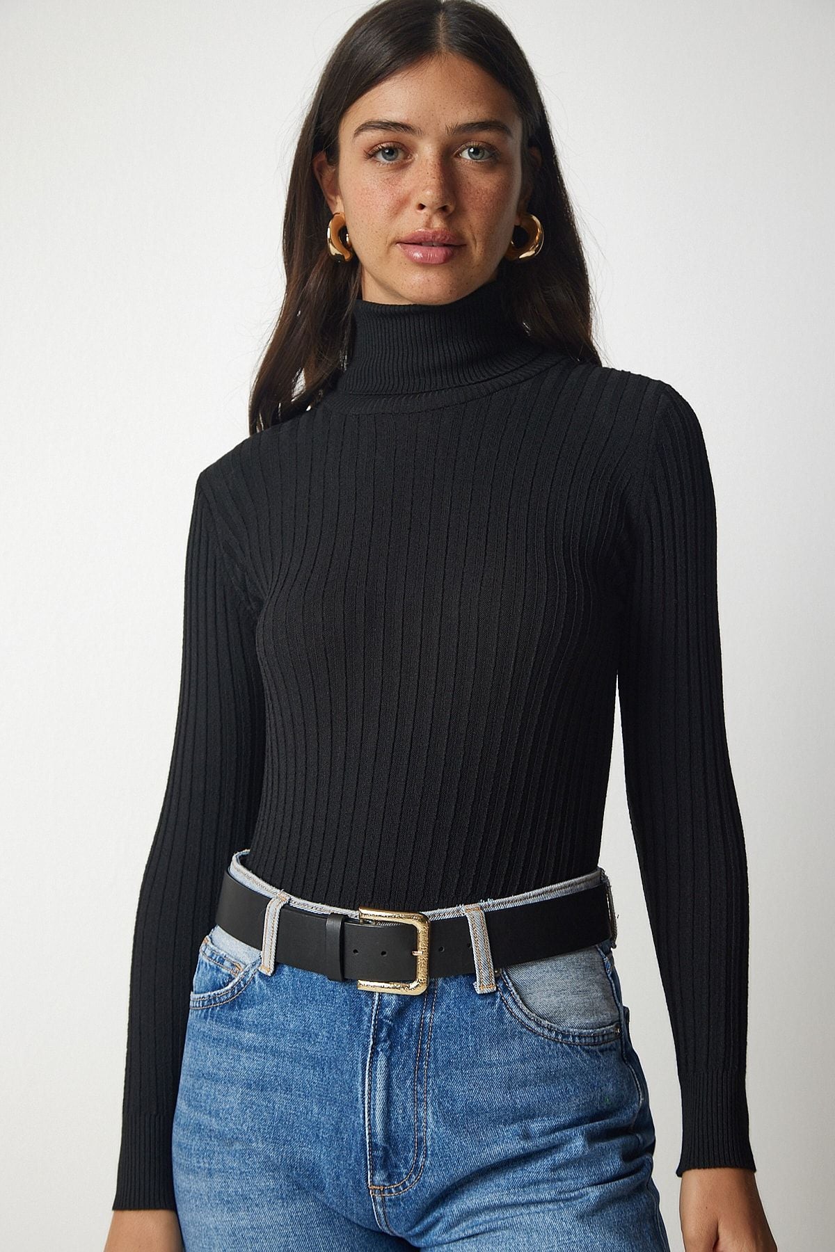 Siyah Balıkçı Yaka Fitilli Basic Kazak bv00095
