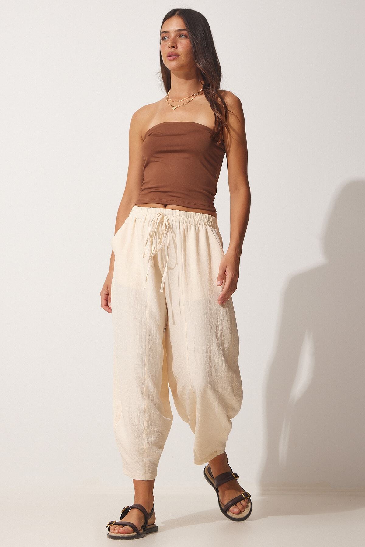 Krem Cepli Ayrobin Şalvar Pantolon OH00046