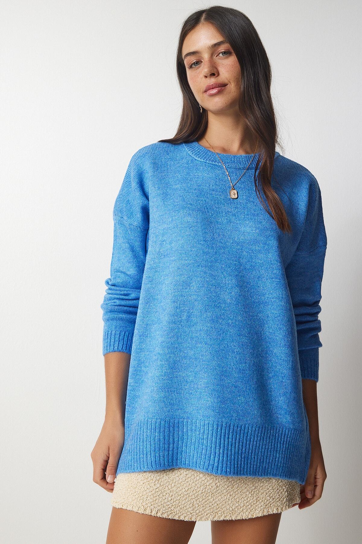 Gök Mavi Bisiklet Yaka Oversize Triko Kazak BV00085