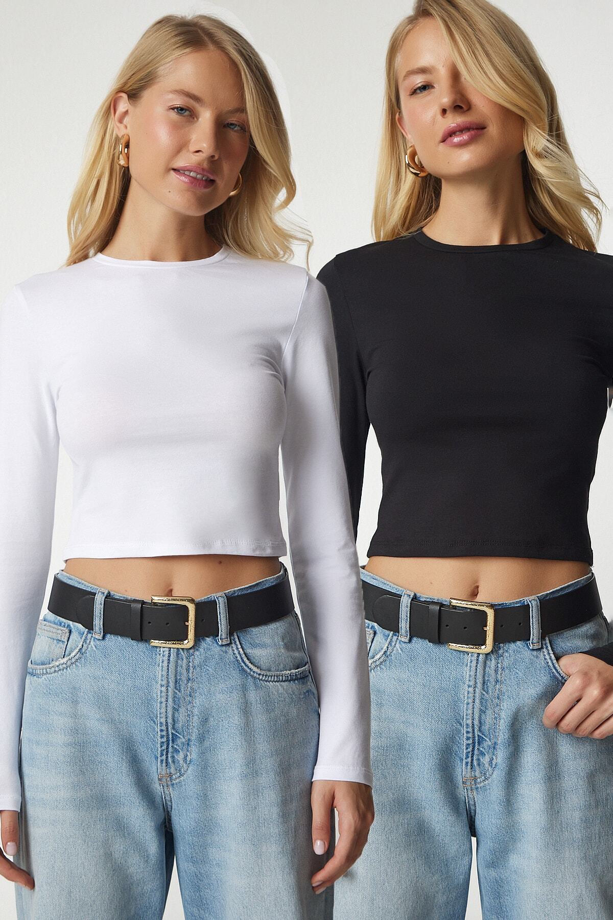 Siyah Beyaz Basic 2'Li Paket Örme Crop Bluz ub00132