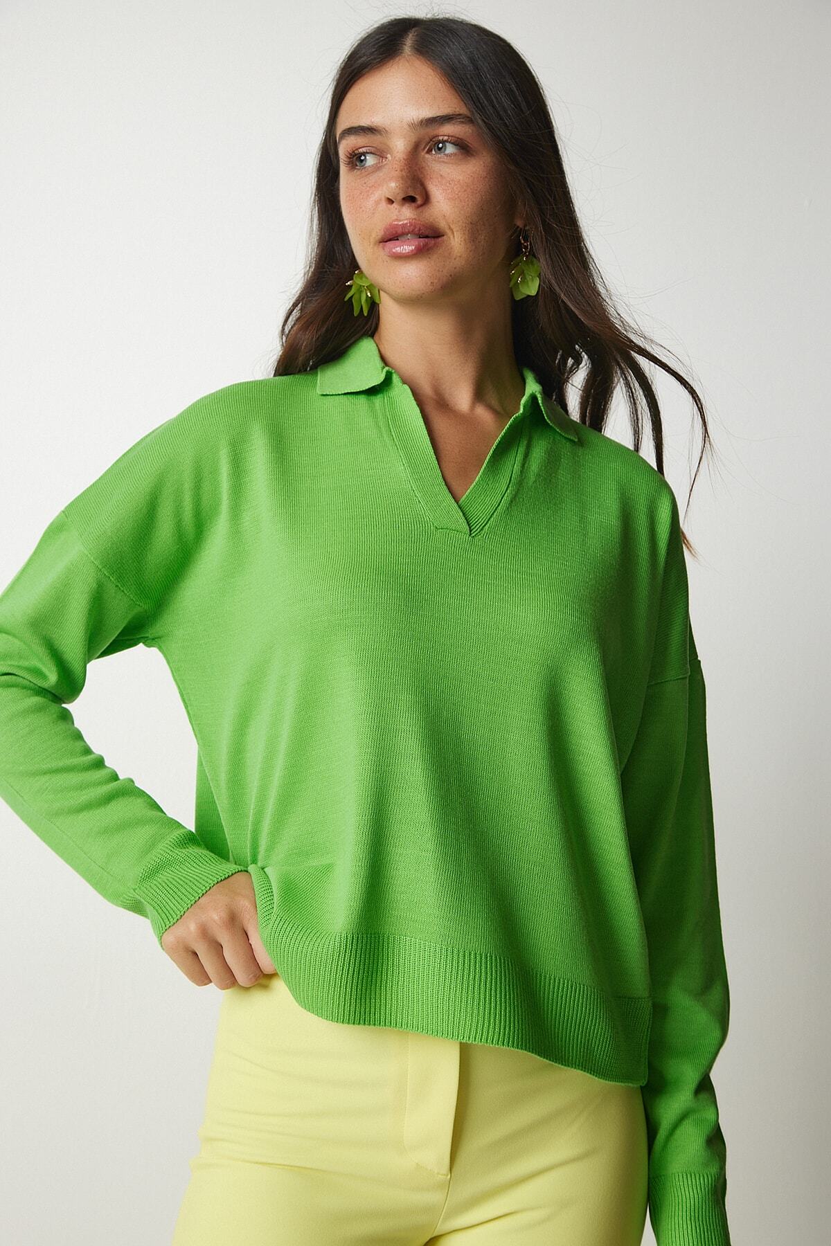 Açık Yeşil Polo Yaka Basic Kazak bv00094