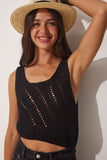 Siyah Askılı Ajurlu Crop Triko Bluz NS00392