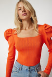 Oranj Kare Yaka Fitilli Triko Bluz YY00159