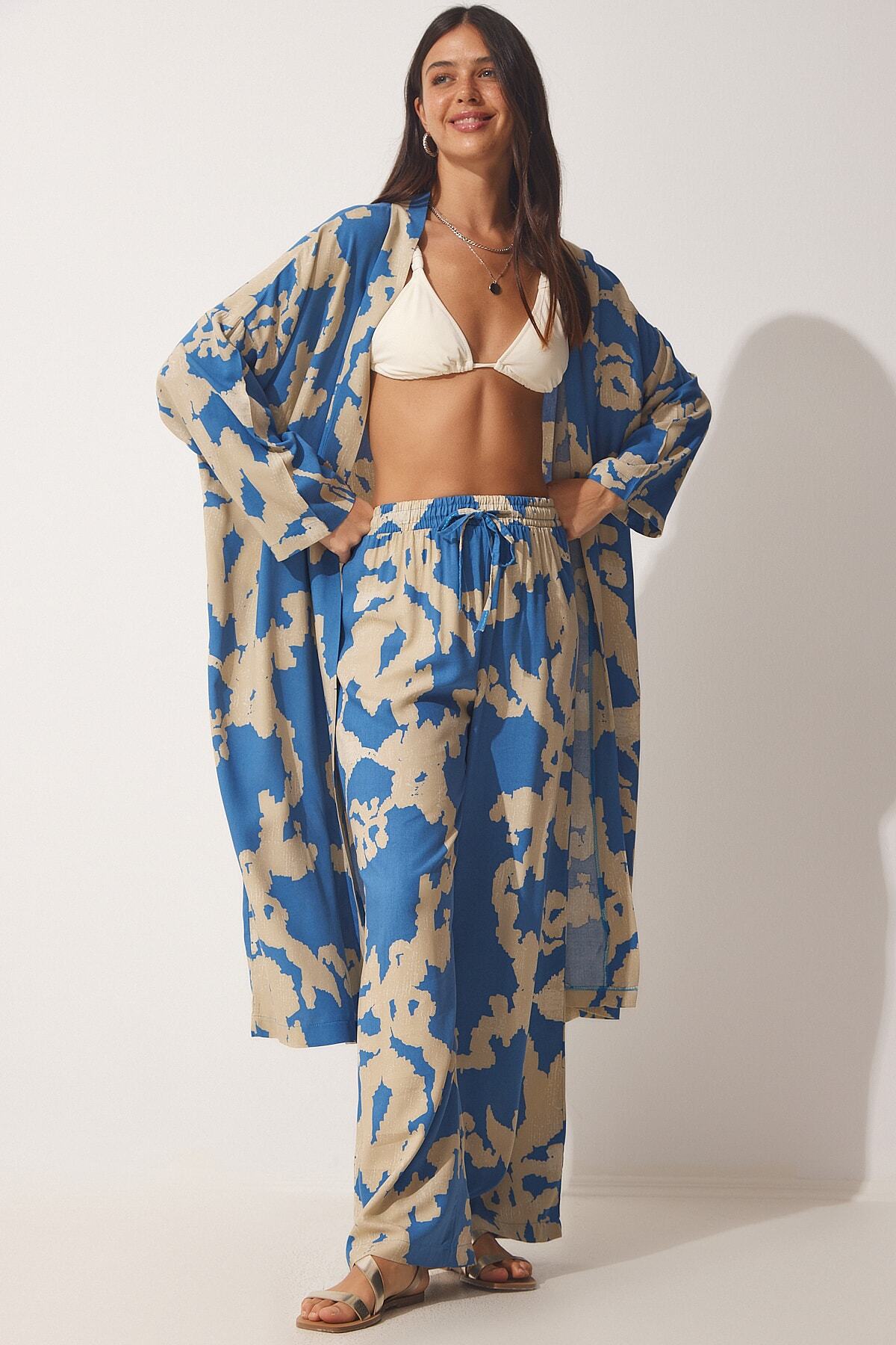 Mavi Bej Desenli Viskon Kimono Palazzo Pantolon Takım CI00086