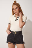 Krem Polo Yaka Fitilli Yazlık Triko Bluz MT00131