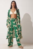 Yeşil Bej Desenli Viskon Kimono Palazzo Pantolon Takım CI00086
