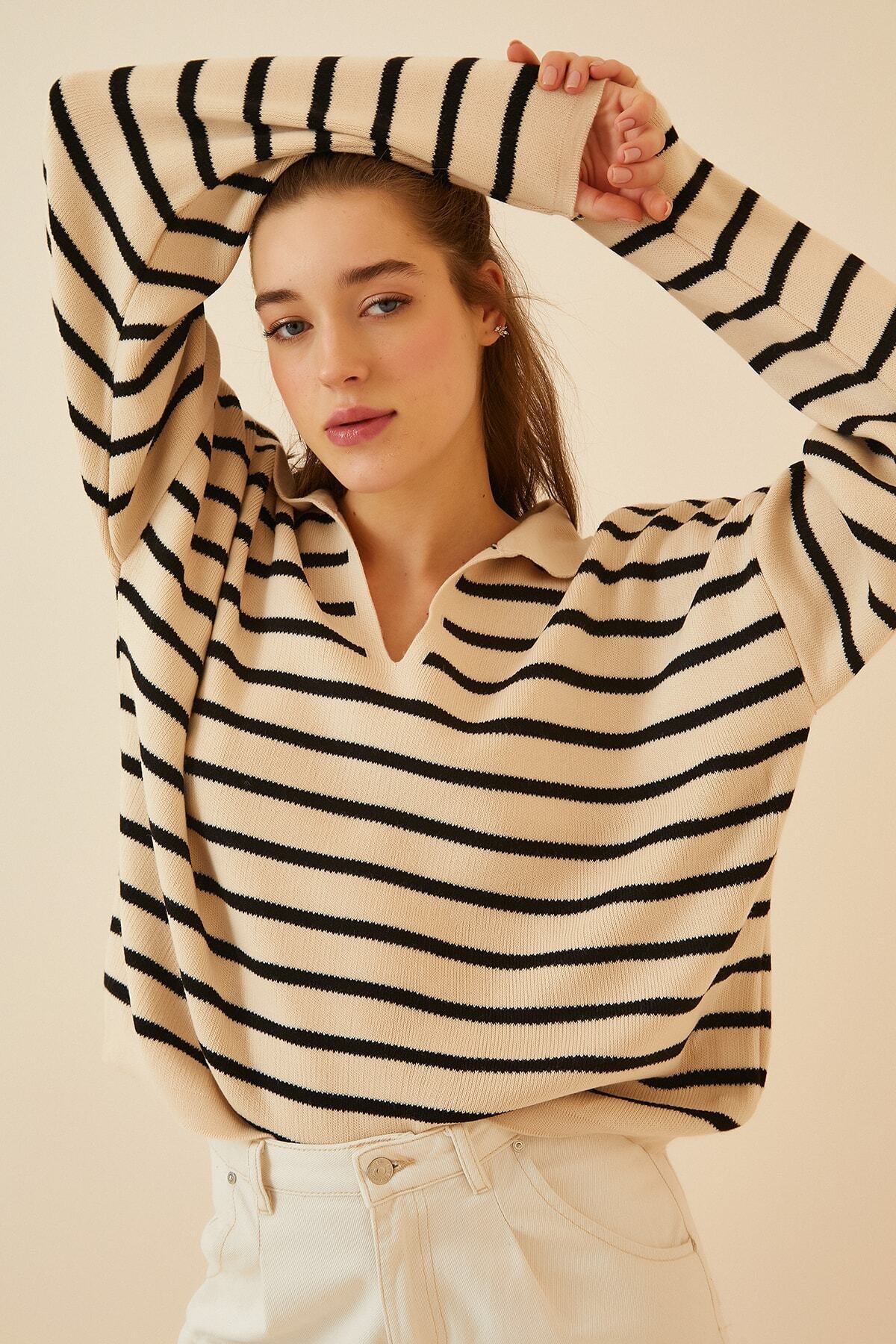 Koyu Krem Polo Yaka Crop Triko Kazak  US00293
