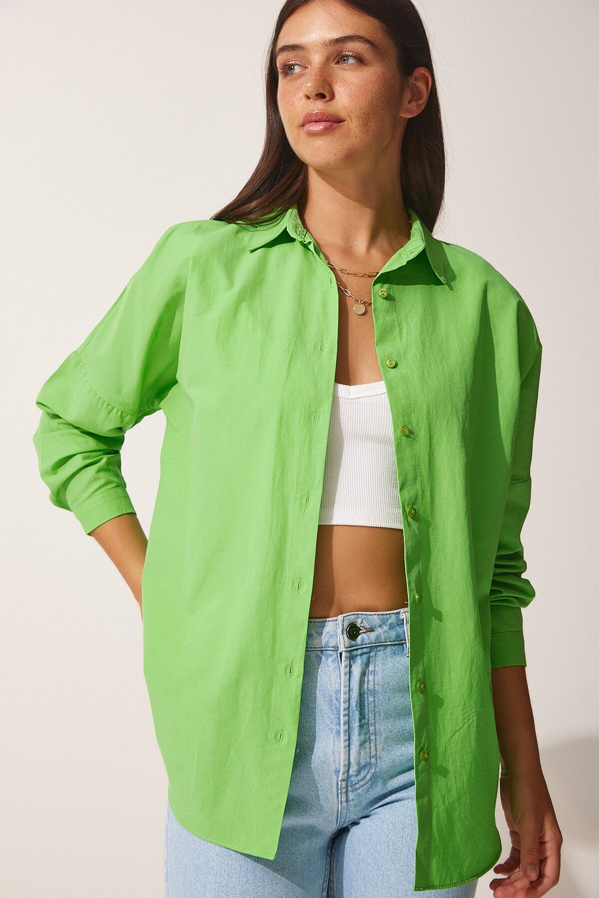 Orta Yeşil Oversize Uzun Basic Gömlek  DD00842