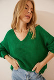 Yeşil V Yaka Selanik Örgü Oversize Triko Kazak ZA00059