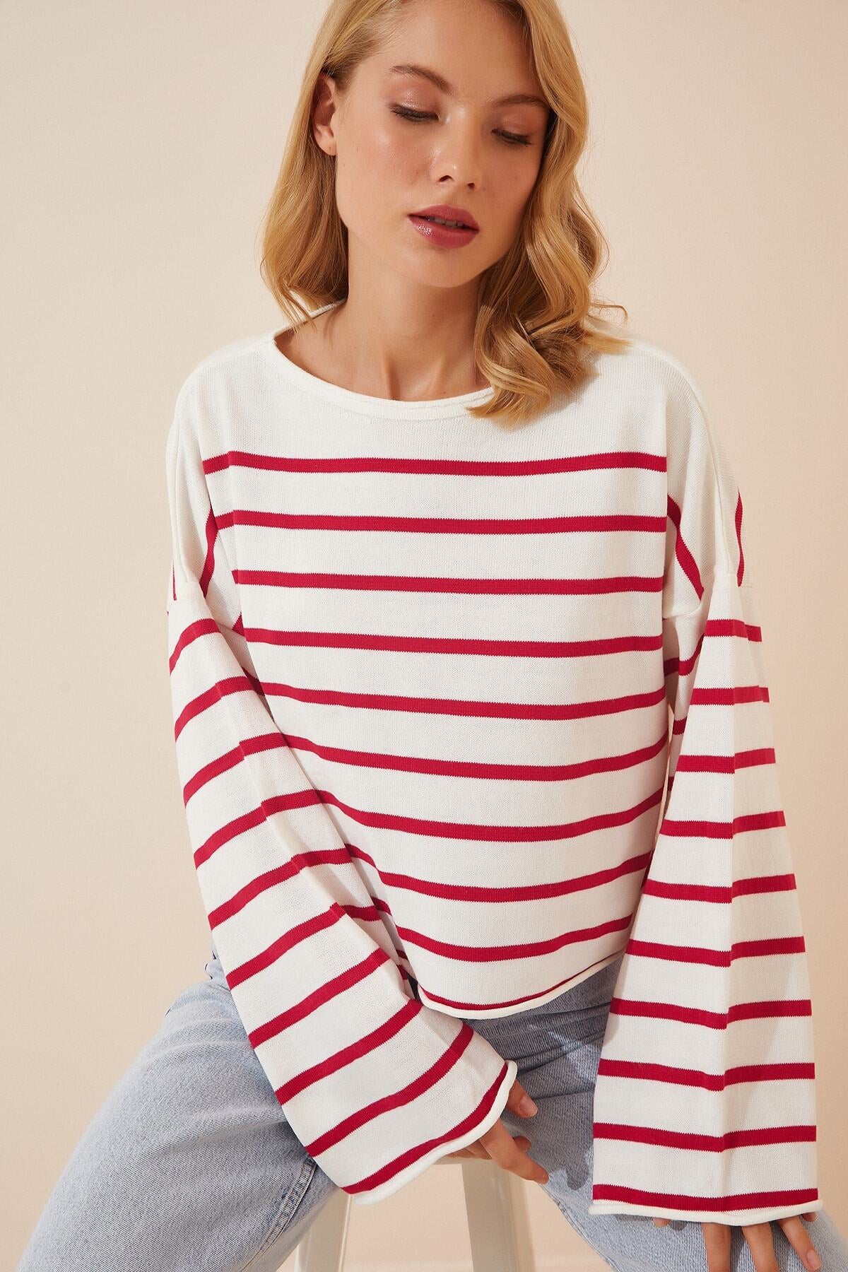 Kırmızı Beyaz Çizgili Oversize Crop Triko Kazak  US00659