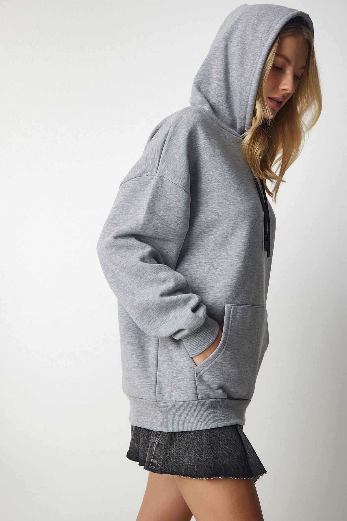 Gri Kapüşonlu Örme Sweatshirt EW00001