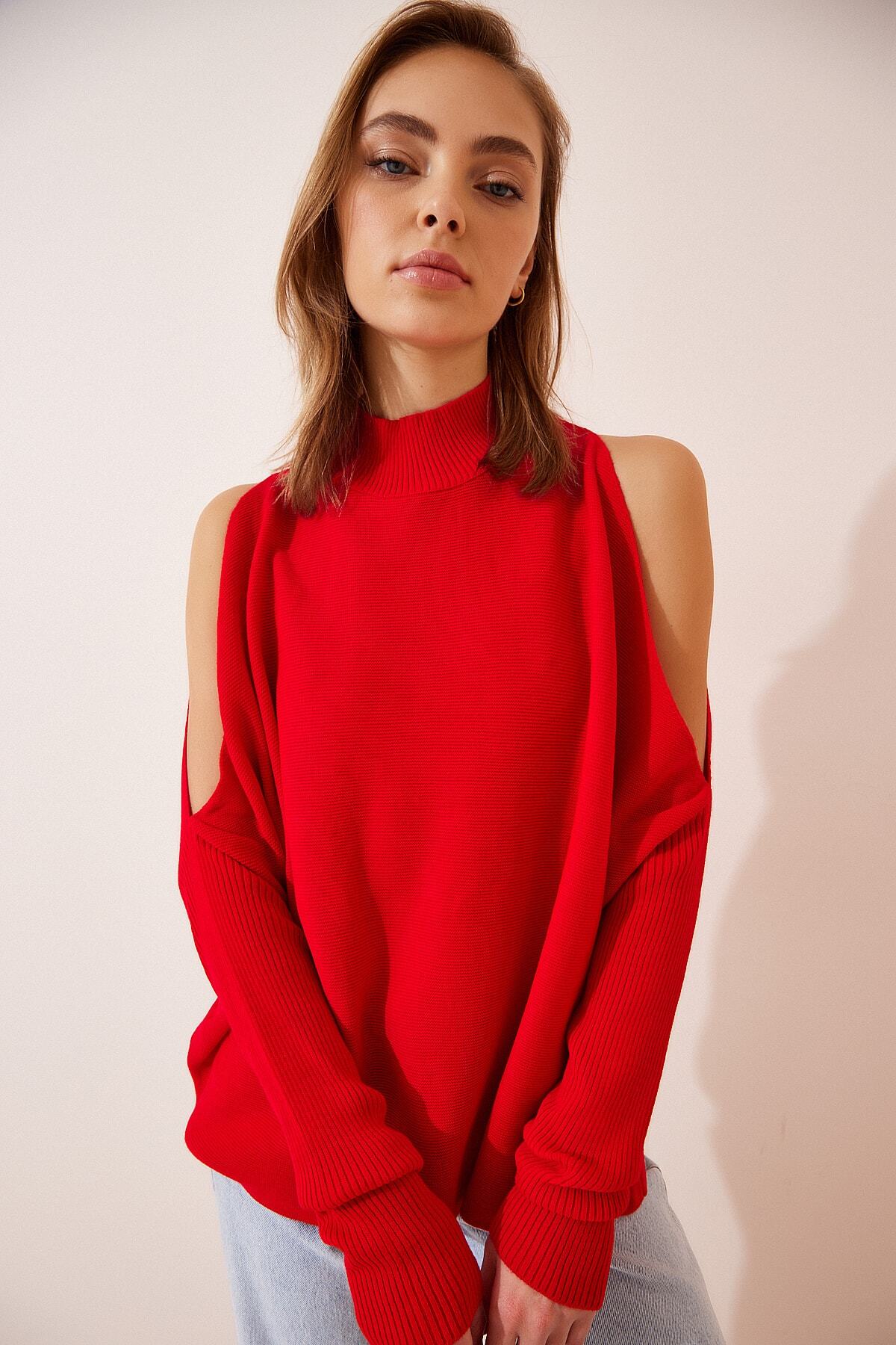 Kırmızı Cut Out Detaylı Oversize Triko Kazak AS00015