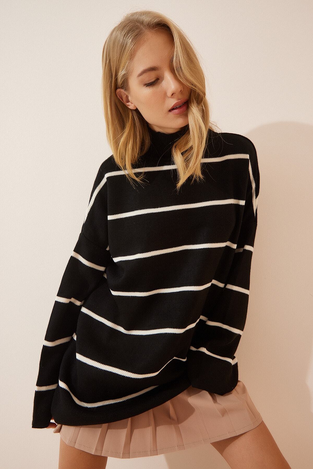 Siyah Çizgili Oversize Uzun Triko Kazak YY00087