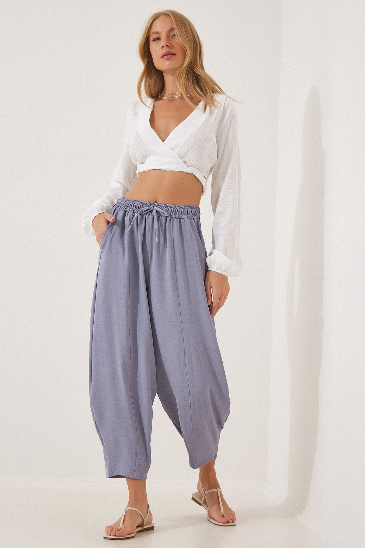 Gri Keten Şalvar Pantolon CI00036