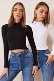 Siyah Beyaz 2' li Paket Fitilli Balıkçı Yaka Crop Örme Bluz GT00214