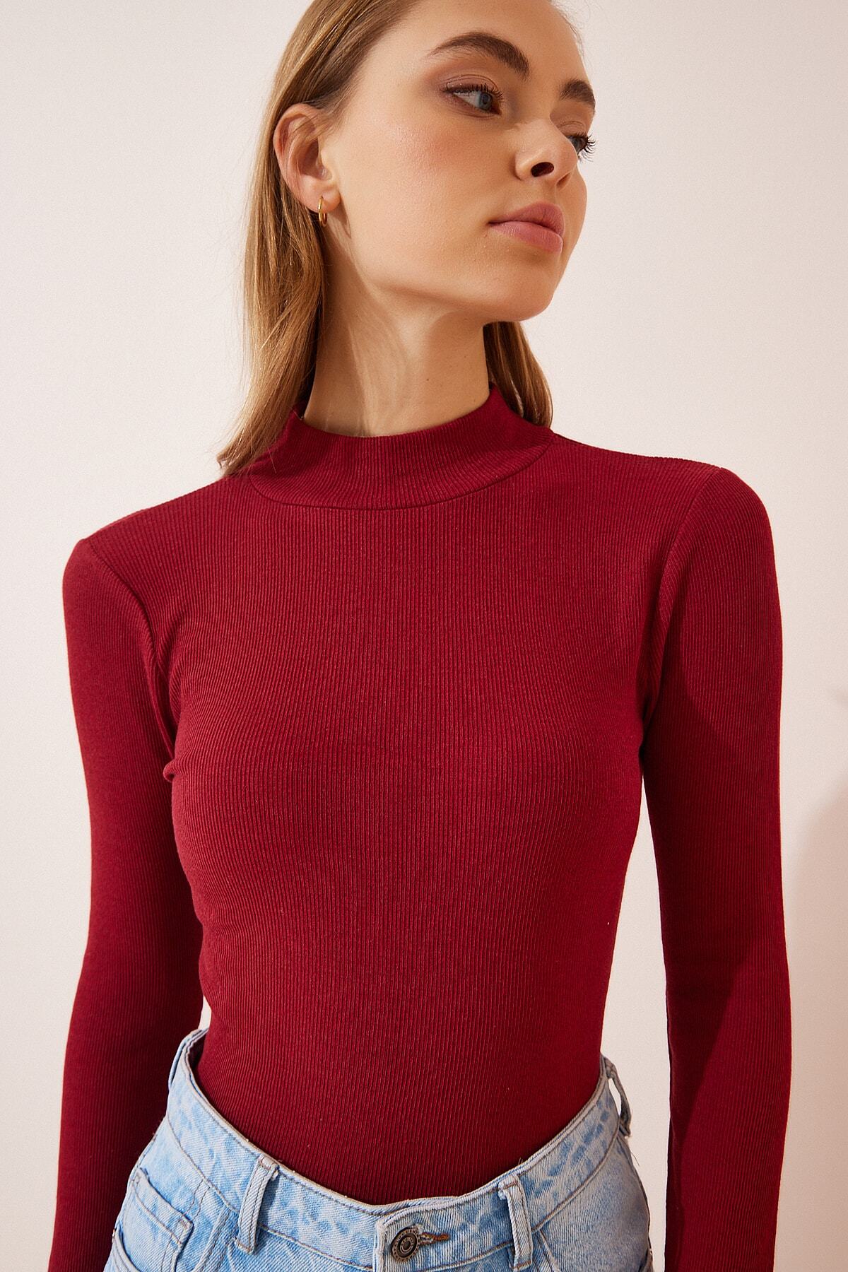 Bordo Balıkçı Yaka Fitilli Örme Bluz GT00054