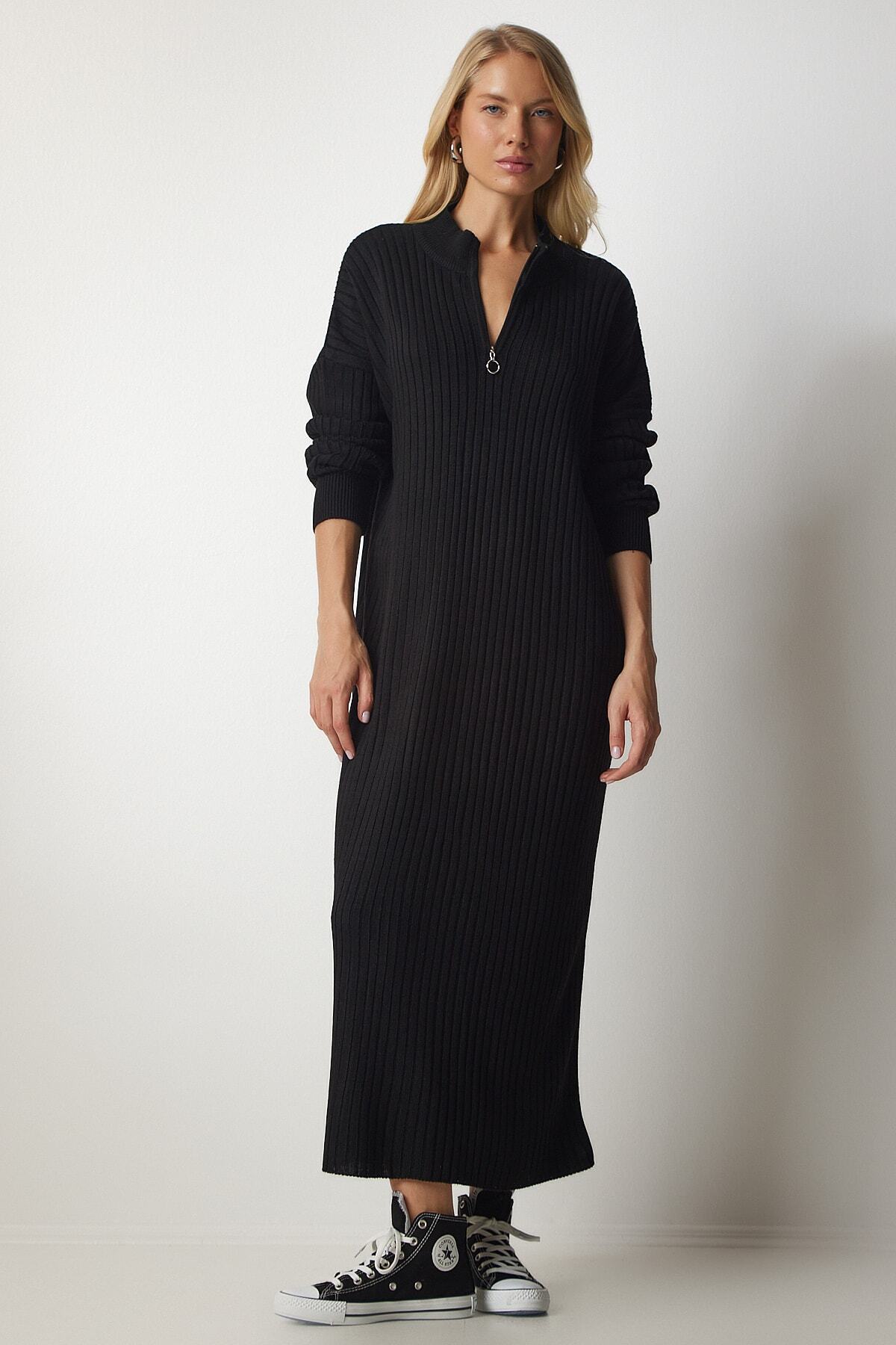 Siyah Fitilli Oversize Triko Elbise DD01251