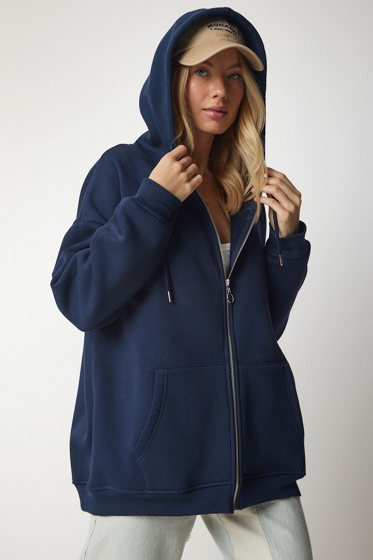 Lacivert Kapüşonlu Fermuarlı Oversize Sweatshirt UB00124