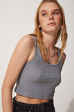 Gri Askılı Fitilli Crop Örme Bluz GT00030