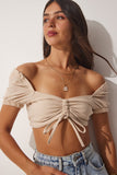 Bej Keten Karışımlı Büzgülü Crop Bluz BV00065