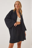Siyah Dökümlü Ayrobin Kimono Şort Takım DZ00053