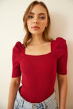 Bordo Kare Yaka Fitilli Crop Bluz GT00007