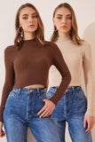 Kahverengi Krem 2' li Paket Fitilli Balıkçı Yaka Crop Örme Bluz GT00214