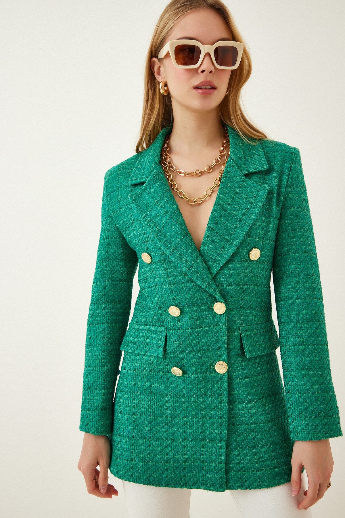 Yeşil Düğmeli Blazer Tüvit Ceket WF00004