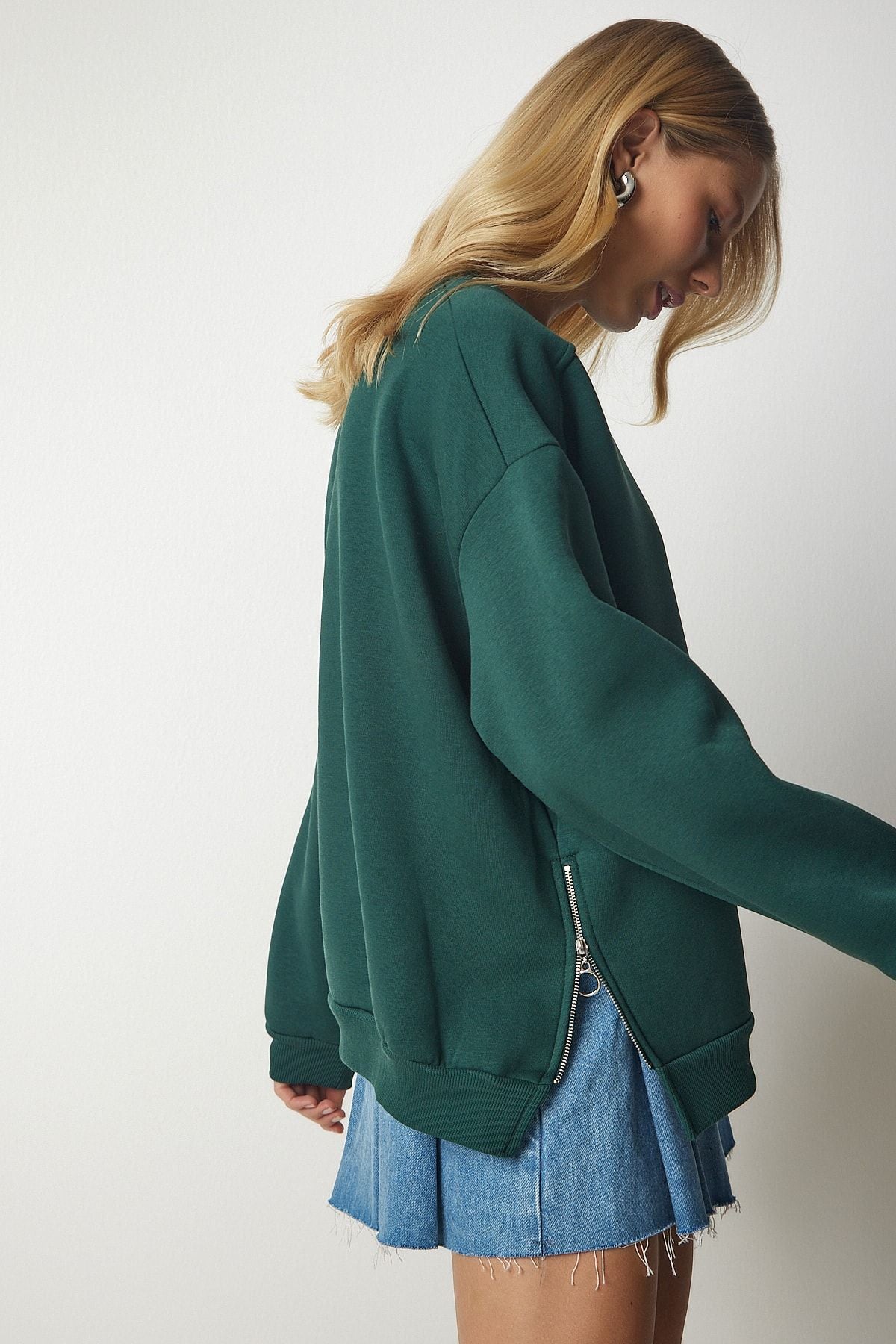 Haki Fermuar Detaylı Şardonlu Örme Sweatshirt UB00148