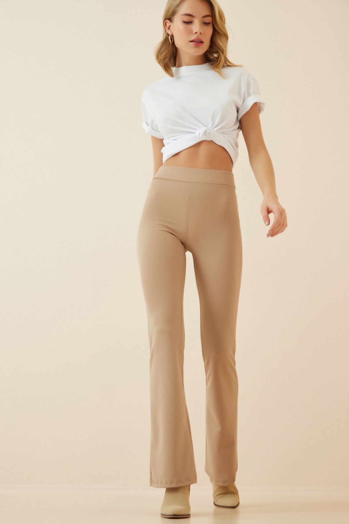 Krem İspanyol Paça Örme Pantolon XR00004