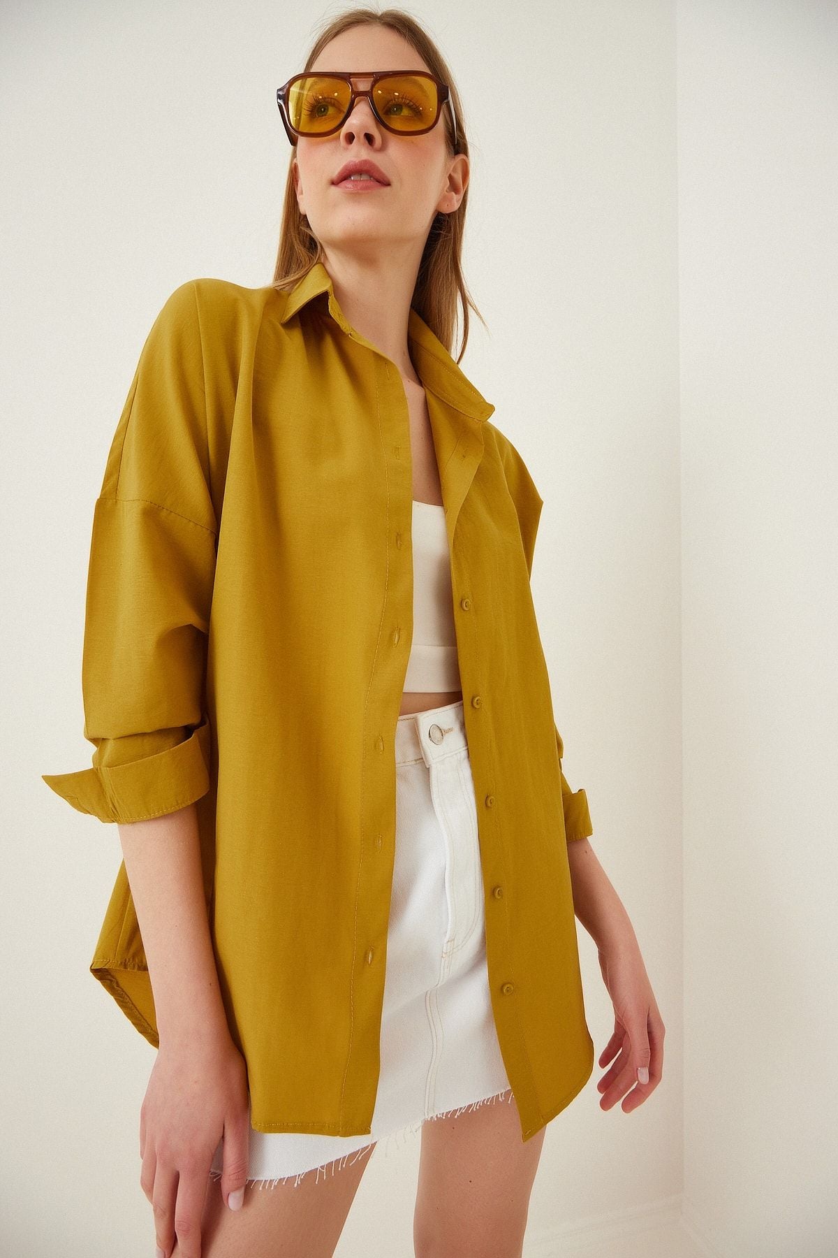 Hardal Oversize Uzun Basic Gömlek  DD00842
