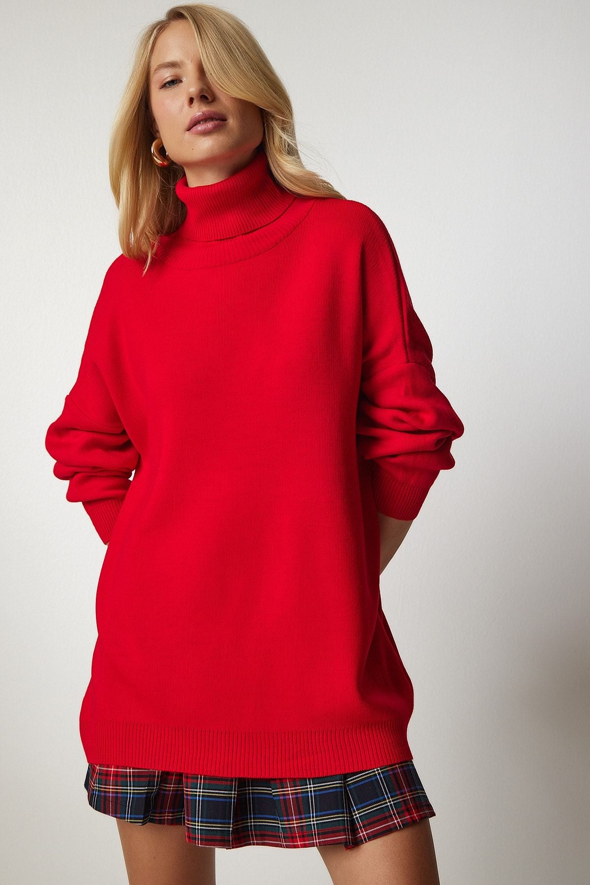 Kırmızı Balıkçı Yaka Oversize Triko Kazak BV00084