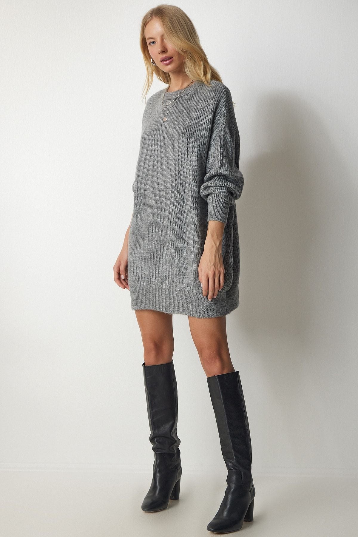 Gri Oversize Uzun Basic Triko Kazak BV00099