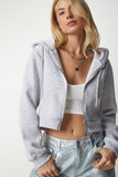 Gri Kapüşonlu Fermuarlı Crop Sweatshirt UB00136