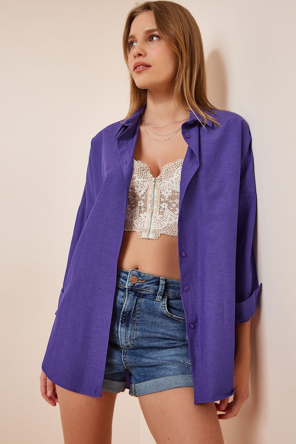 Mor Oversize Uzun Basic Gömlek DD00842
