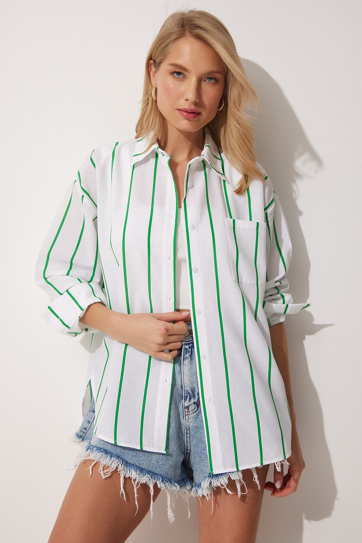 Yeşil Beyaz Çizgili Oversize Uzun Pamuklu Gömlek DX00005