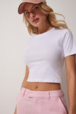 Beyaz Bisiklet Yaka Crop T-Shirt UB00064